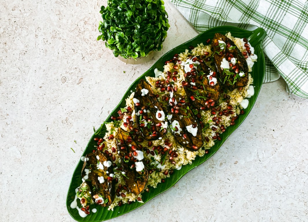 roasted aubergines with cumin rice